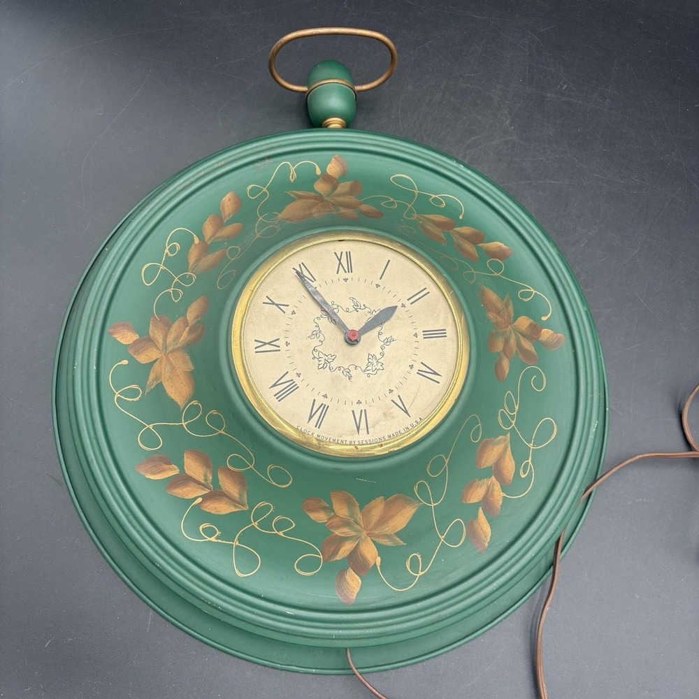 Vintage Metal Green & Gold Painted Electric‎ Wall Clock Art Deco Cottage Core